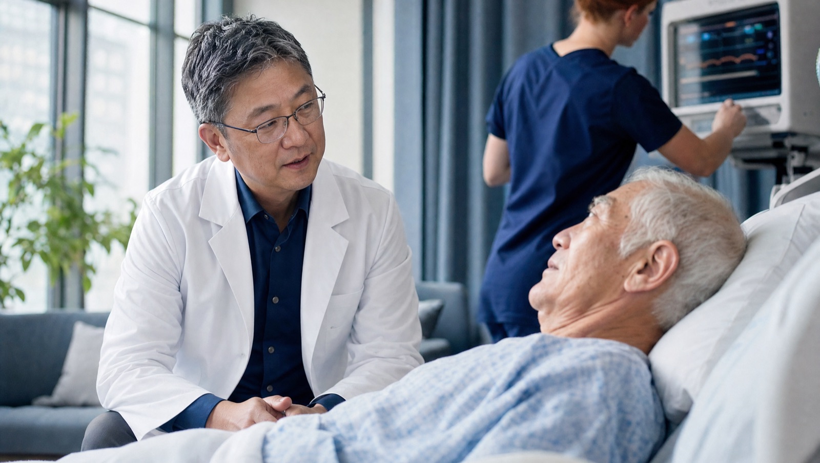 An intensivist talking with an older patient at the bedside while a nurse checks the monitor