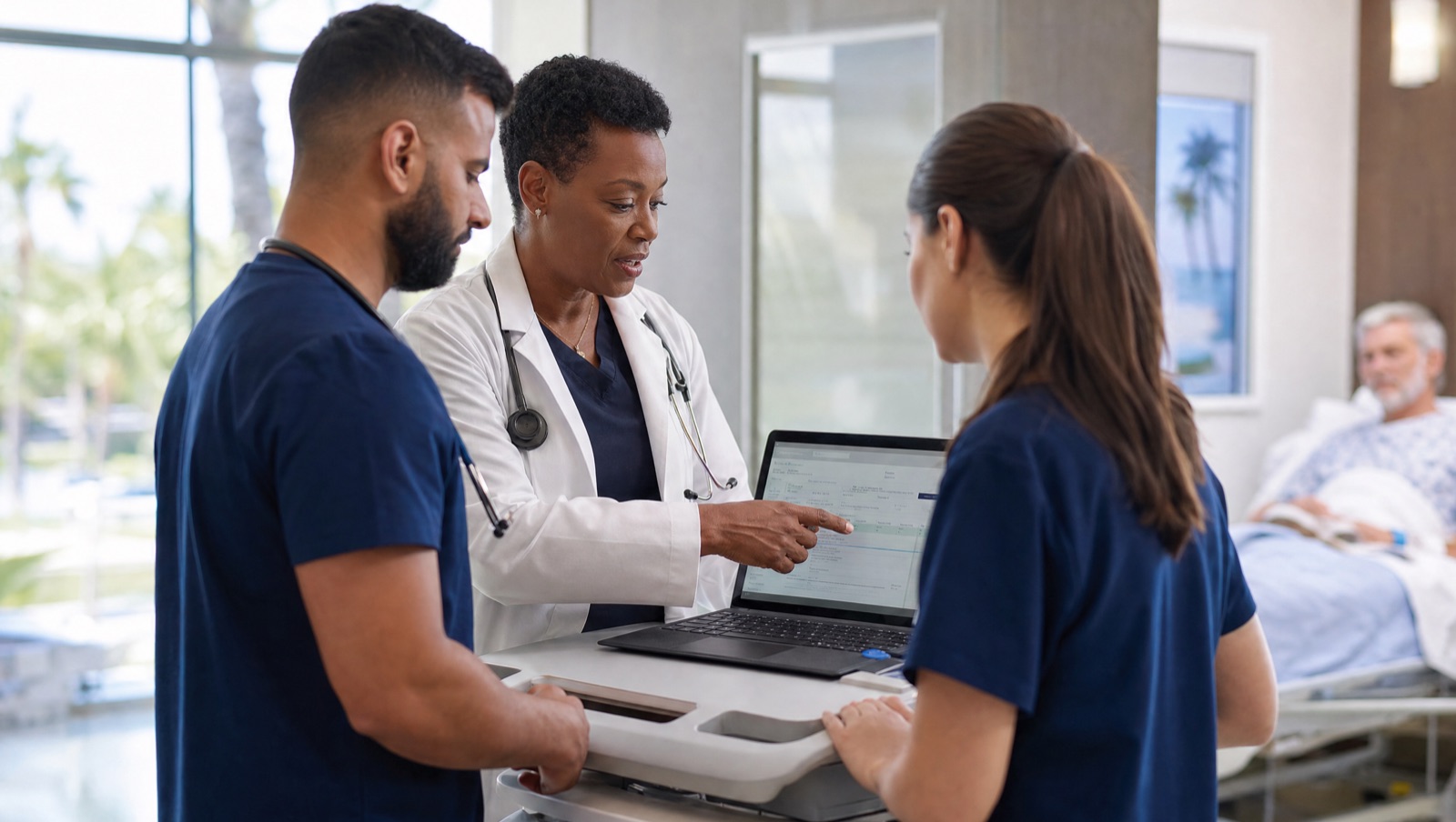 A clinical team reviewing a care plan together
