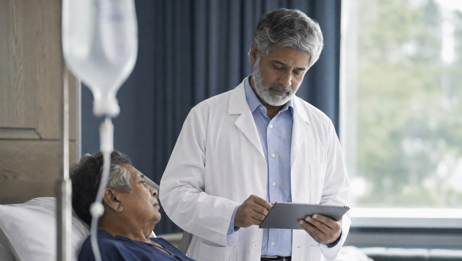 An infectious disease physician reviewing results beside an IV antibiotic