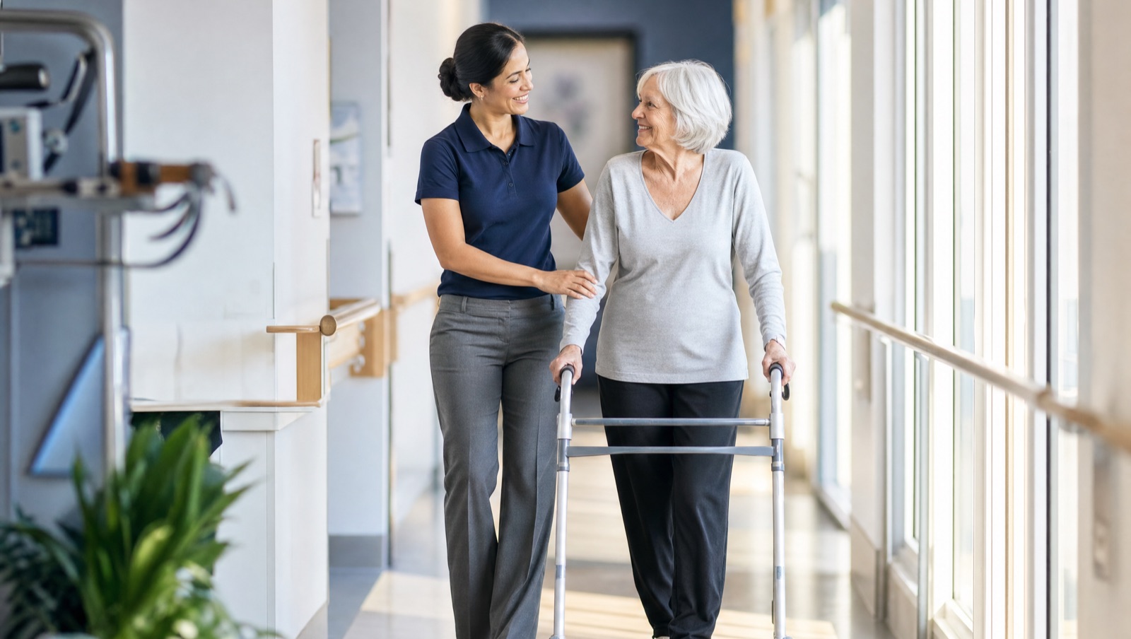 A rehabilitation physician walking with an older woman using a walker