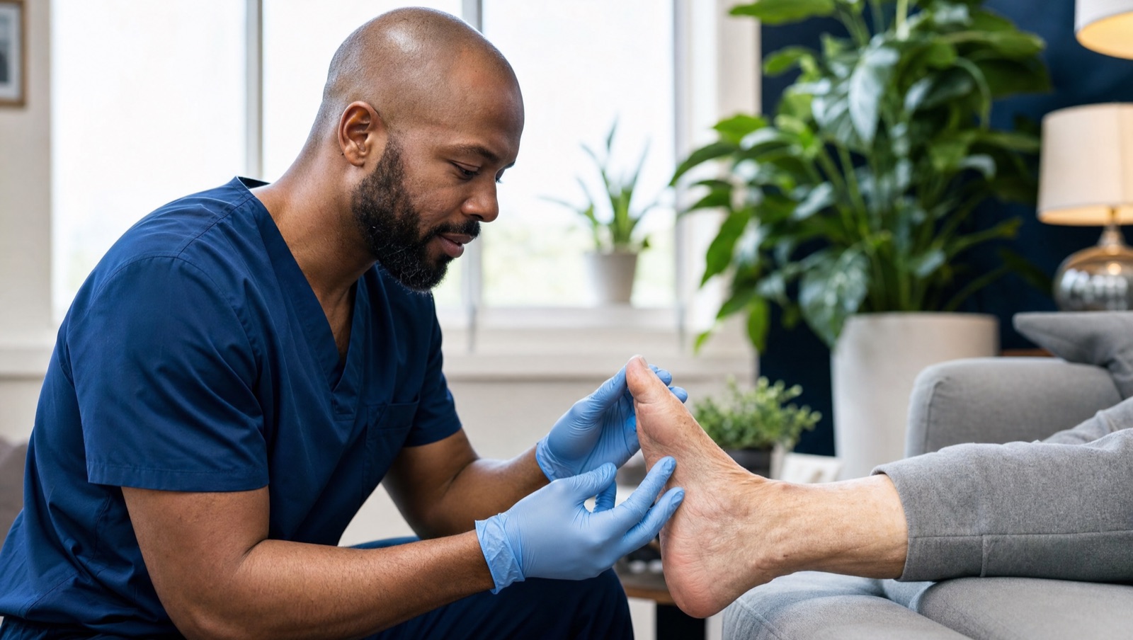 A podiatrist examining an older adult’s foot