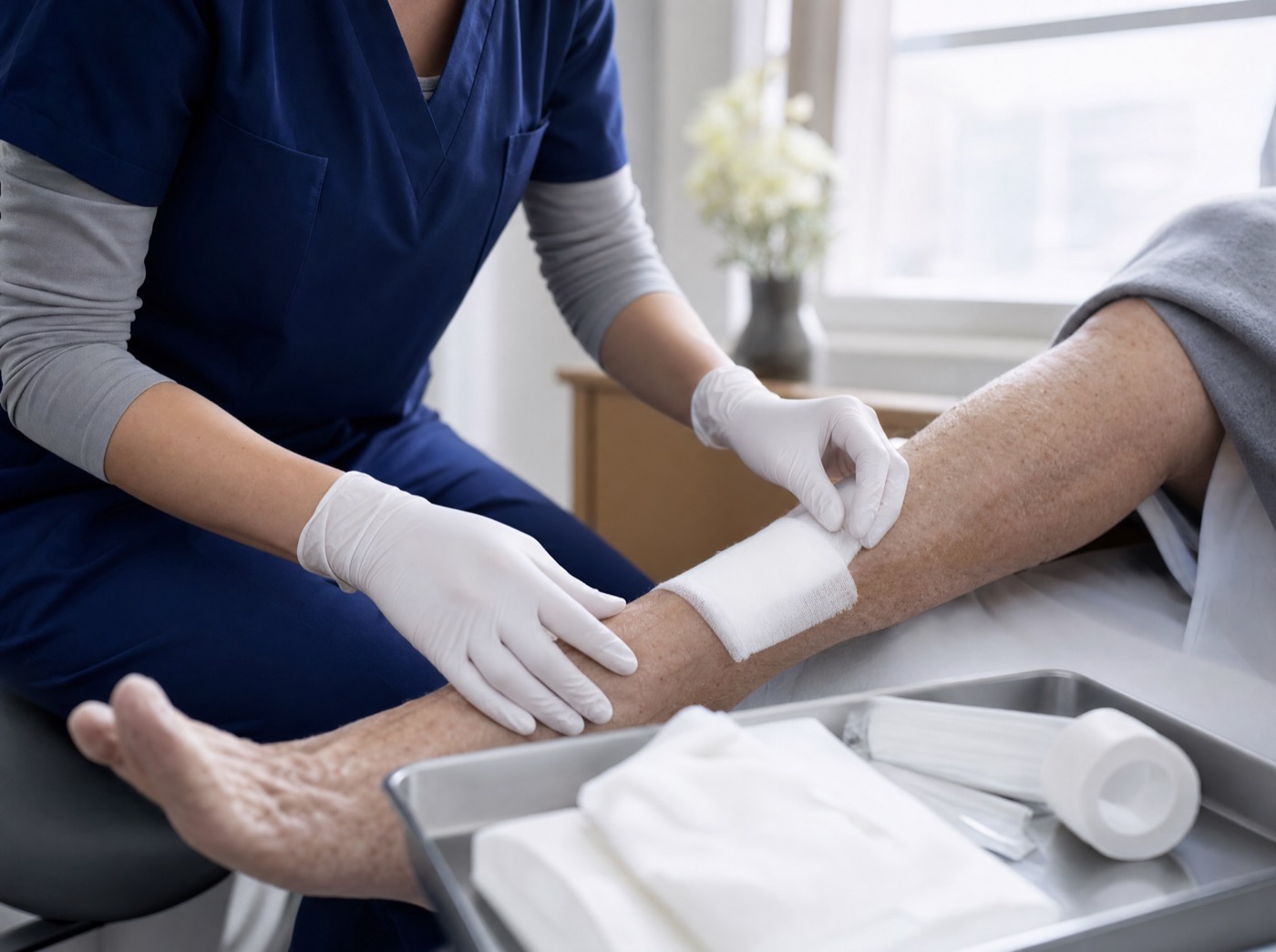 Gloved hands dressing a wound on a patient’s lower leg